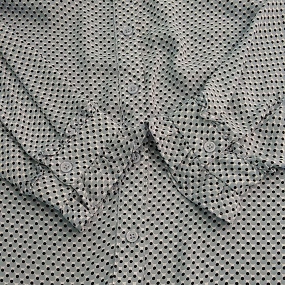 WHO WHAT WEAR BLUE & BLK POLKA DOT, RUFFLE CUFF BUTTON DOWN BLOUSE - Picture 3 of 8